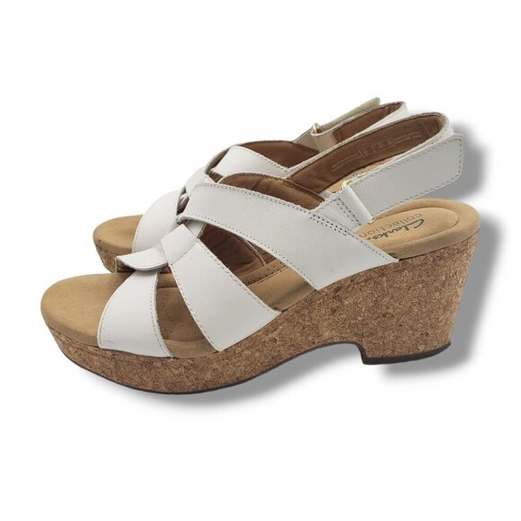 Clarks‎ Collection Giselle Beach Wedge Sandals Womens 11 White Leather Cork - Picture 5 of 9